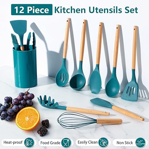 Miniatura 6 de P&P CHEF Juego de utensilios de cocina de silicona, juego de 12 utensilios de cocina con mango de madera para utensilios de cocina antiadherentes,