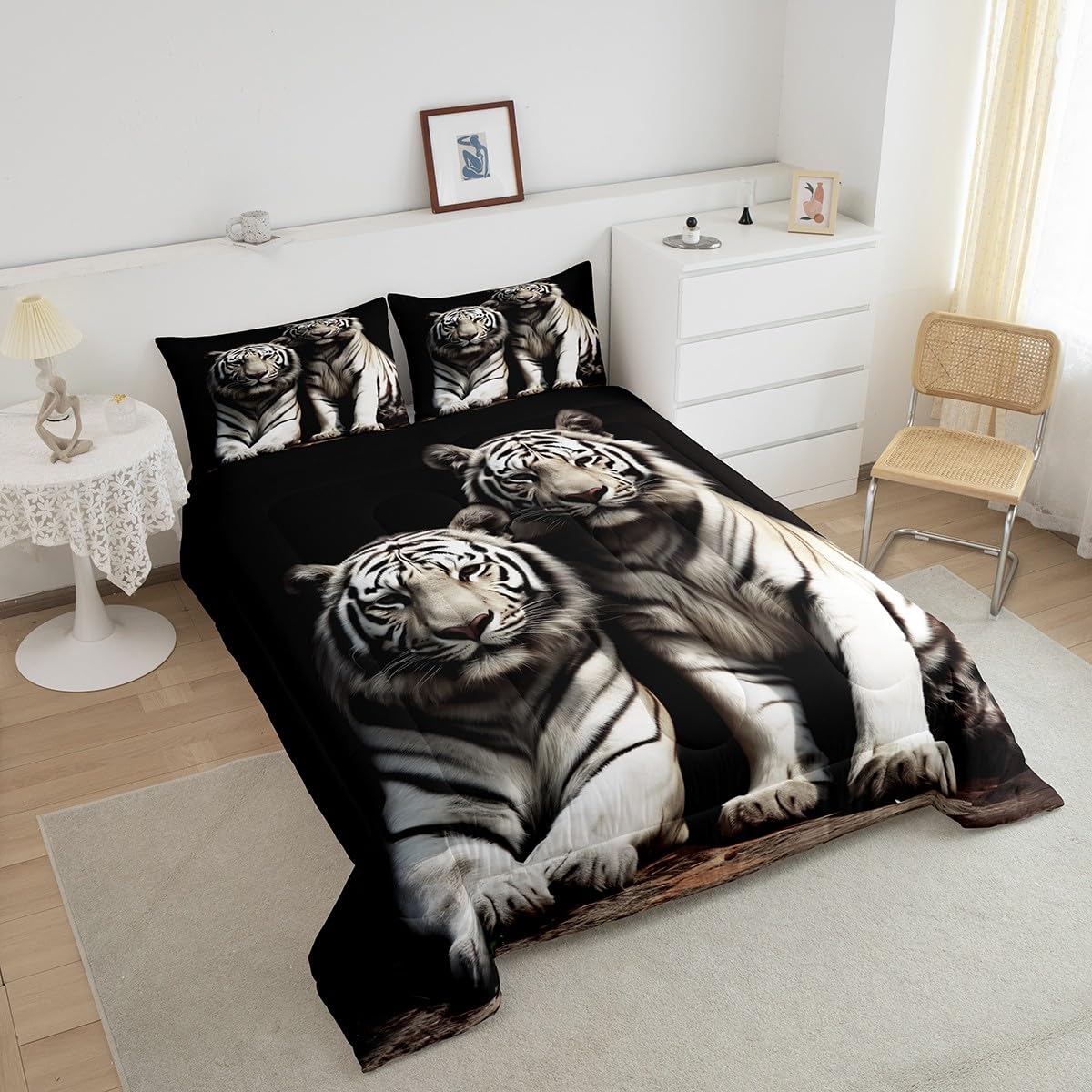 Erosebridal Parure de lit matelassée à motif de tigre blanc pour enfants, garçons, filles, adolescents et adultes, motif à rayures grises et noires pour grand lit