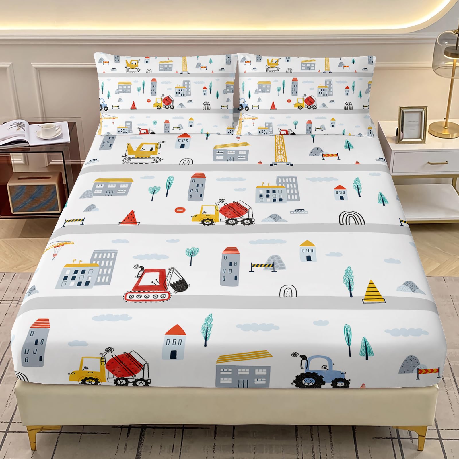 AILONEN Cute Car Fitted Sheet Set Twin XL Size,Car &amp; Road Bedding Set for Kids Toddler Boys,3Pcs Excavator Construction Truck Printed Bed Sheet with 2 Pillowcases
