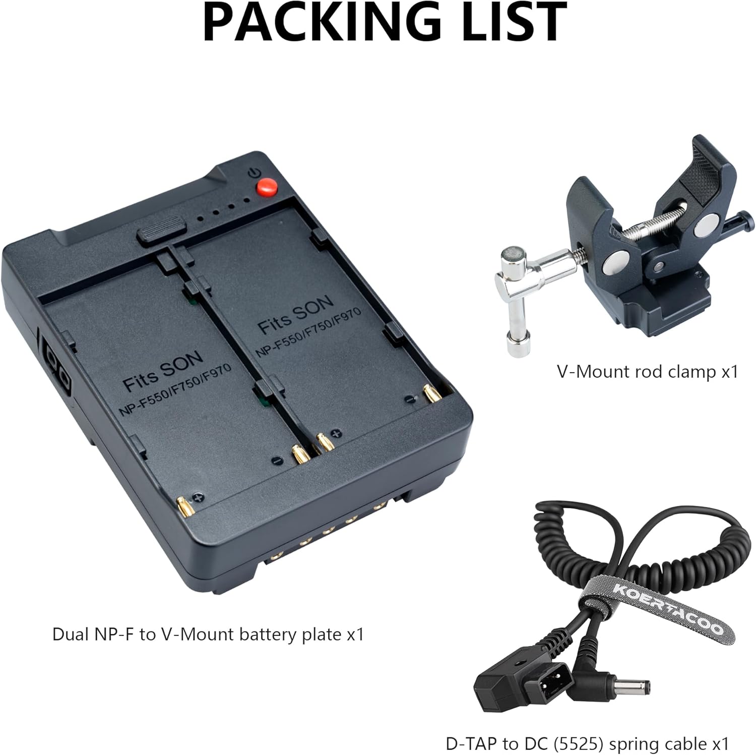 Dual NP-F970/550 Battery to V-Mount Battery Converter Adapter Plate + V-Mount Rod Clamp, with D-tap, DC, Type-C, USB Output interfaces for Cameras, Video Lights, Mobile Phones, etc.
