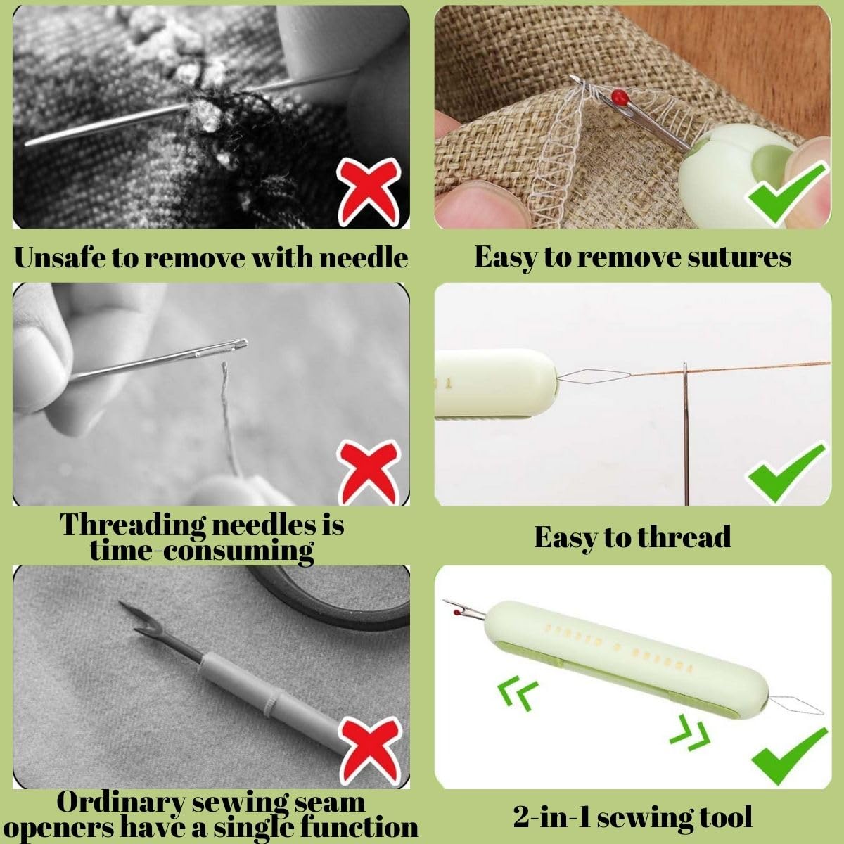 2 in-1 Needle Threaders Seam Ripper 2024 New, Upgraded Seam Ripper Tools, Stretchable Remover Needle Threading (1Pcs Green) 2
