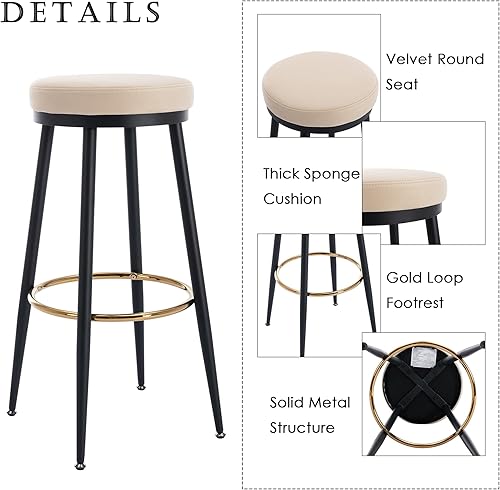 Miniatura 3 de chairus Juego de 2 taburetes de barra de 30 pulgadas, modernos taburetes de bar sin espalda con reposapiés dorado, cómodas sillas de bar de metal