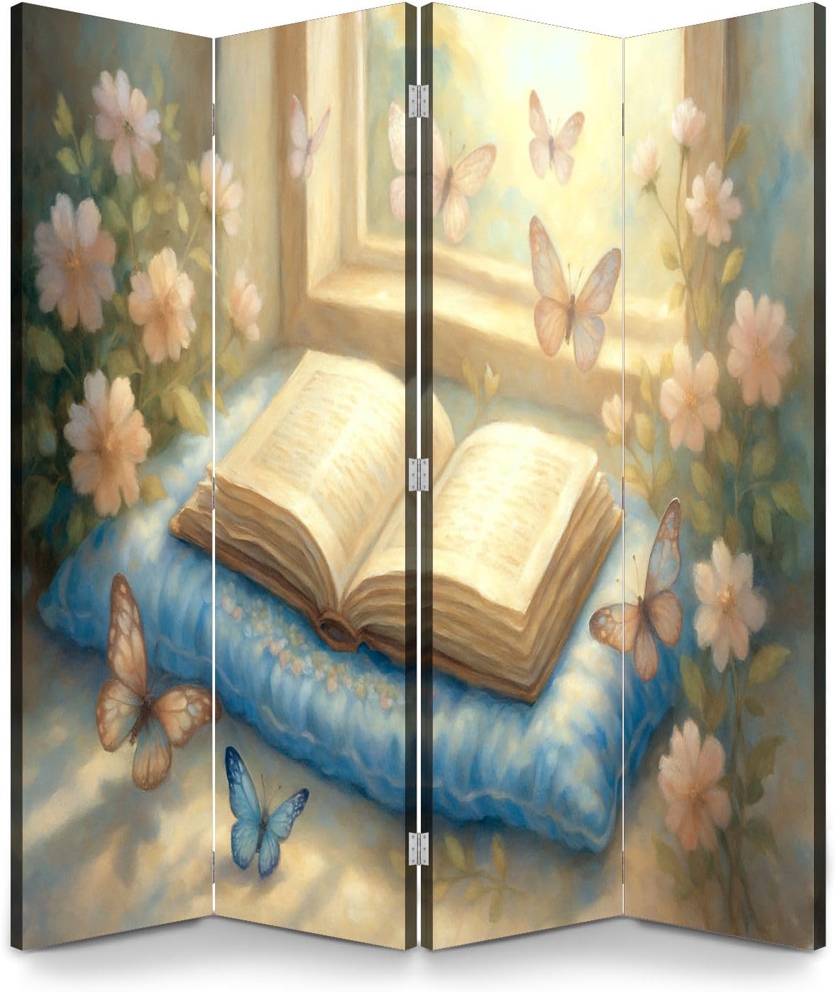 4 Panels Room Divider Screen Serene Sunlit Corner Open Book Pastel Butterflies Painting Wood Folding Privacy Screen Partition Canvas Wall Divider Freestanding Portable Indoor Separator