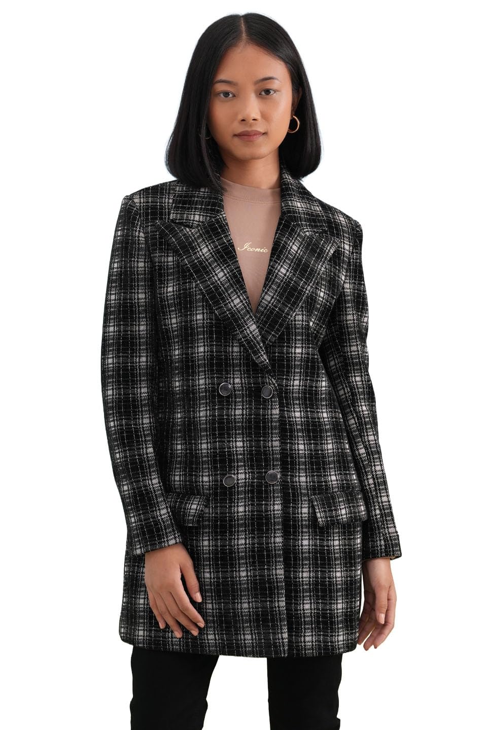 crimsoune club Women's Black Checked Notched-Lapel Double-Breasted Coat-picture-52