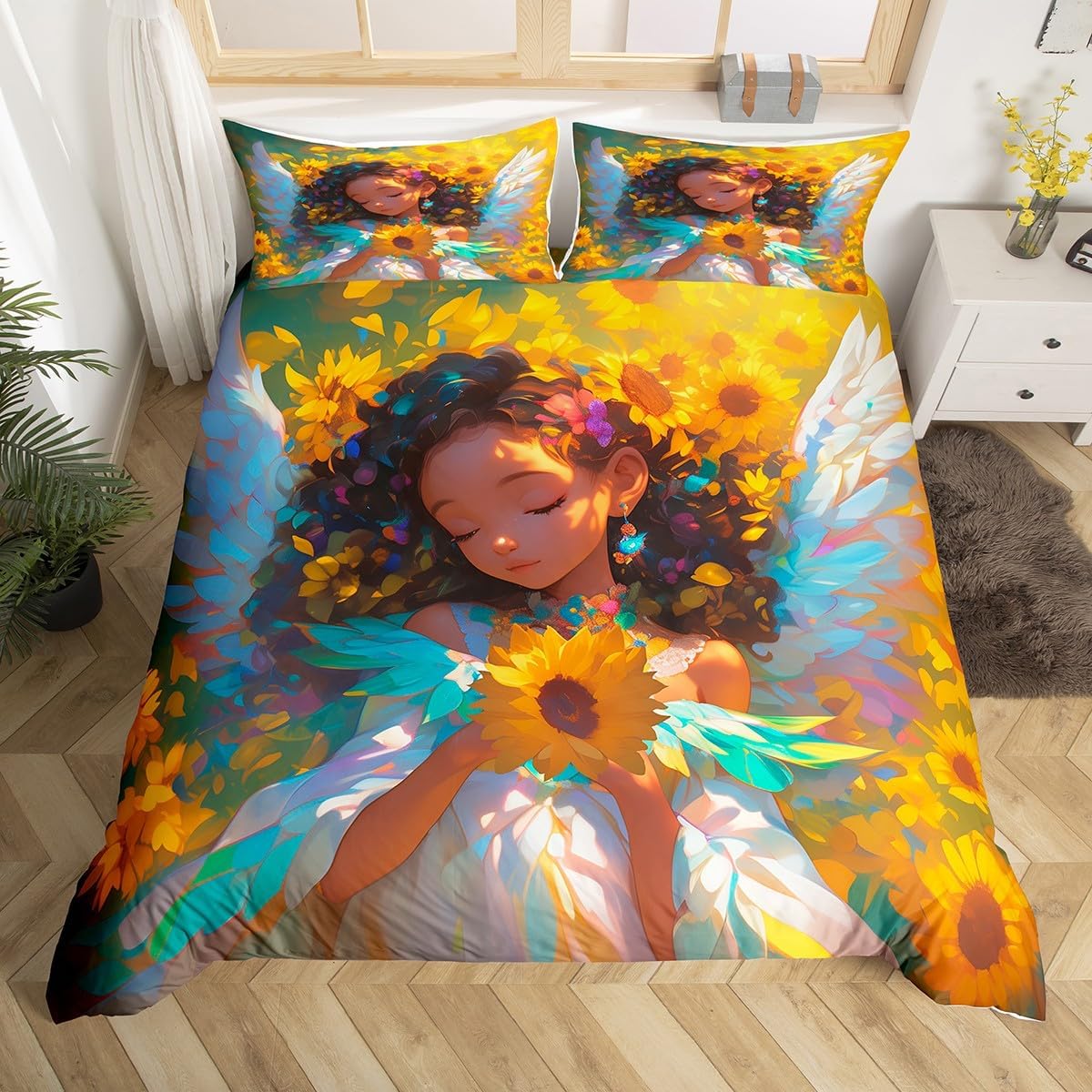 Fashion Lady Duvet Cover Set Toddler Size Black Style Girl Bedding Set 2pcs for Kids Teens Geometric Star Print Comforter Cover African American Women Quilt Cover,1 Pillowcase(Not Comforter)