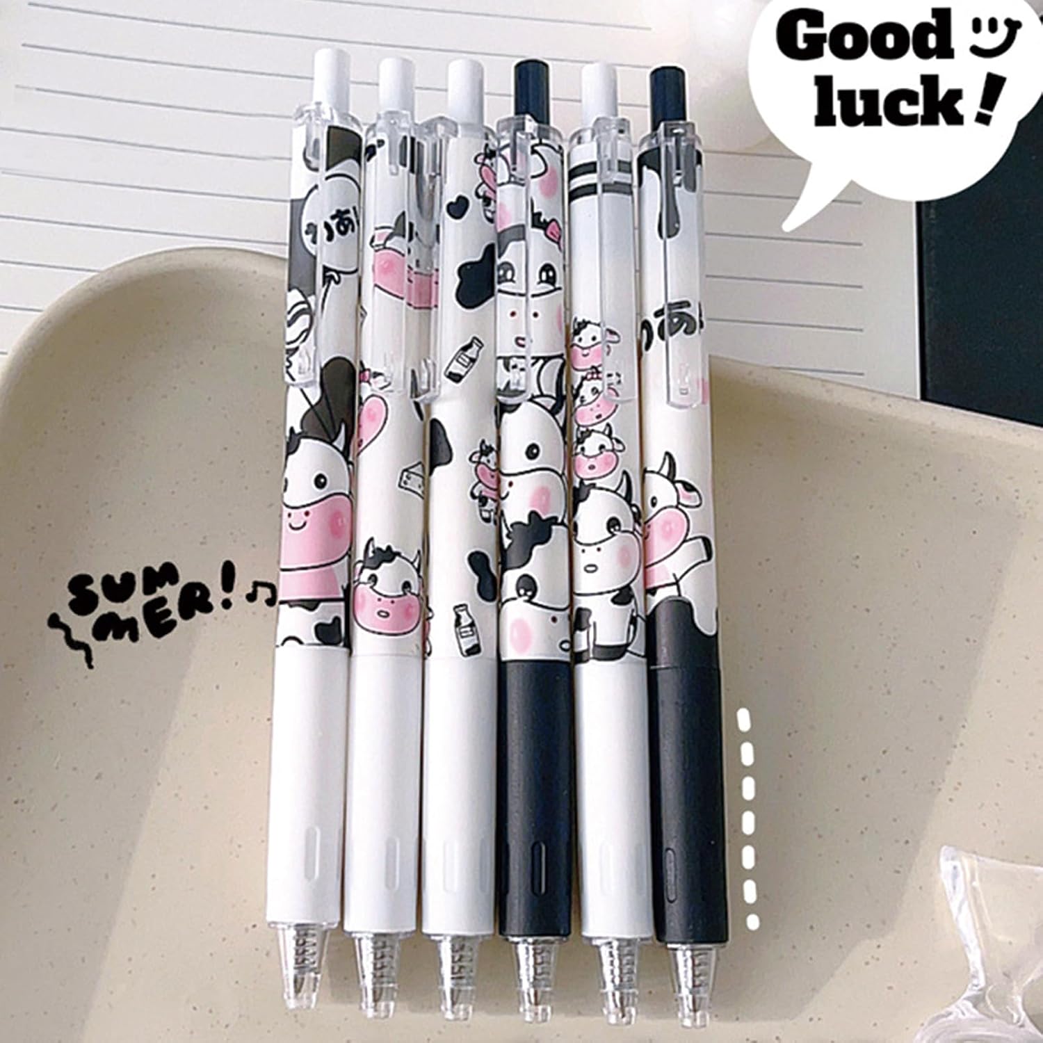 MOZXIRZ 6 Pcs Cartoon Retractable Pens Gel Ink Pens Cute Cow Pen 0.5mm Black Ink Writing Pen Office School Supplies for Women Men (Cow) image 3