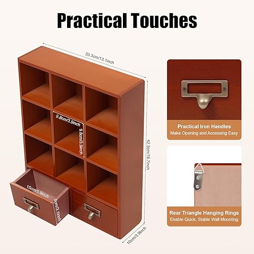 Miniatura 3 de Estantes de exhibición de madera vintage con 2 cajones de almacenamiento, caja de sombra de 9 compartimentos, gabinete de madera vintage, estantes