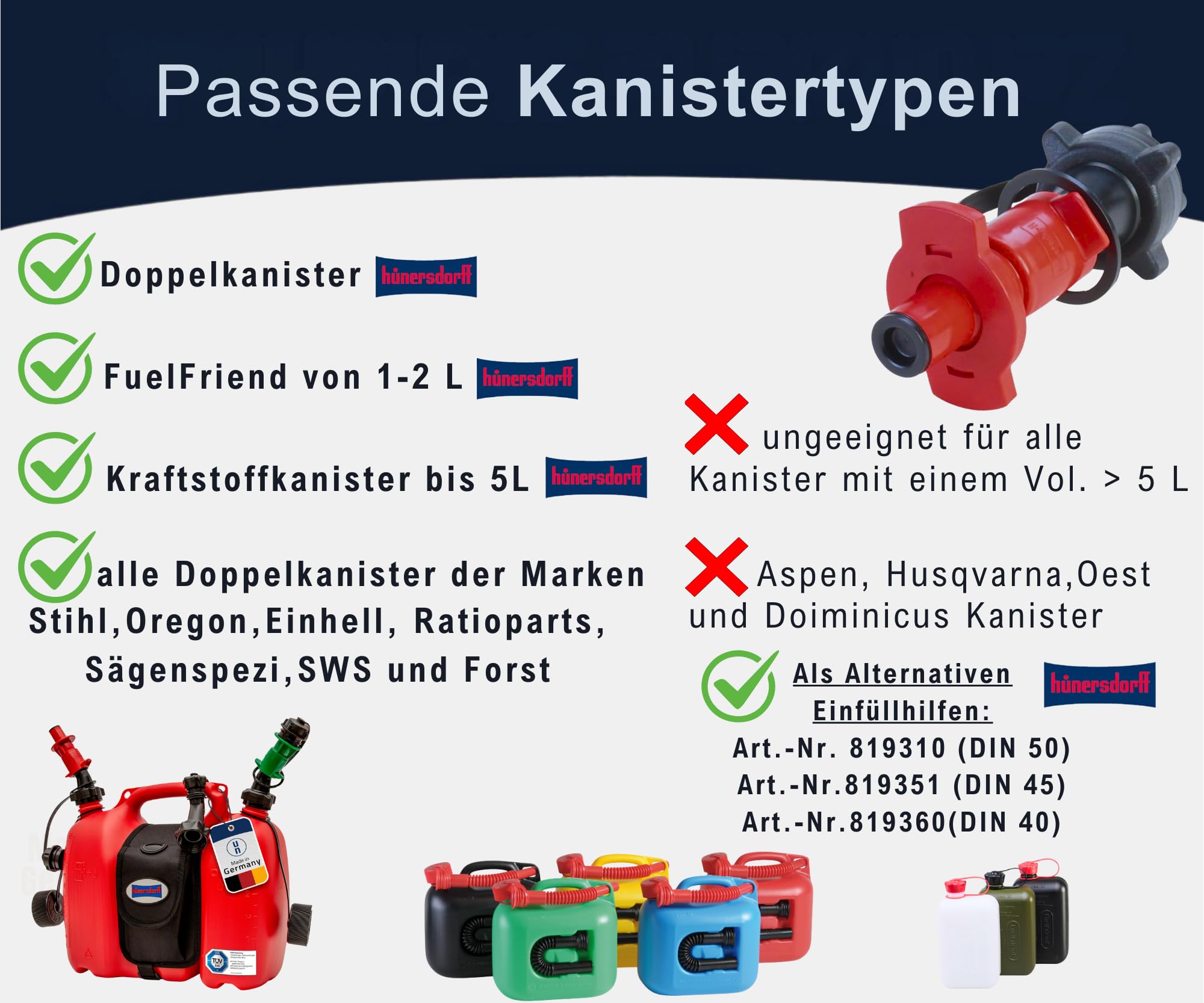 hünersdorff Motorrad-Sicherheits-Einfüllsystem aus HD-PE für Kraftstoff, ideal zum Aufsetzen auf Motorradtanköffnungen, schwarz/rot, 16,0 x 5,4 x 5.4 cm