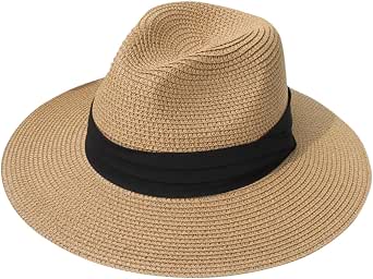Lanzom Women Wide Brim Straw Panama Roll-Up Hat UPF50+