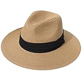 Lanzom Women Wide Brim Straw Panama Roll up Hat Fedora Beach Sun Hat UPF50+ One Size-Medium Brown/Black