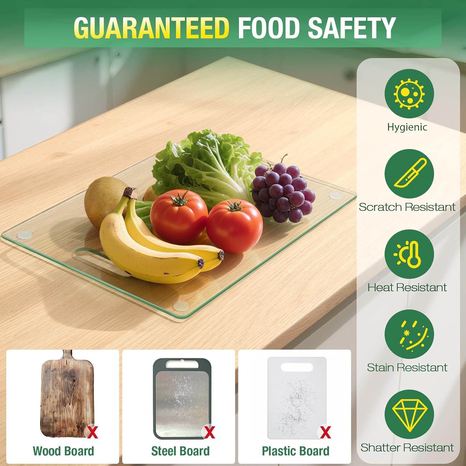 3 Size Tempered Glass Cutting Boards for Kitchen Counter, FUOAUYK Dishwasher Safe Glass Cutting Board Non Toxic with Handle, Non-Slip Rubber Feet, Heat & Scratch Resistant(8x12", 10x14", 12x16")