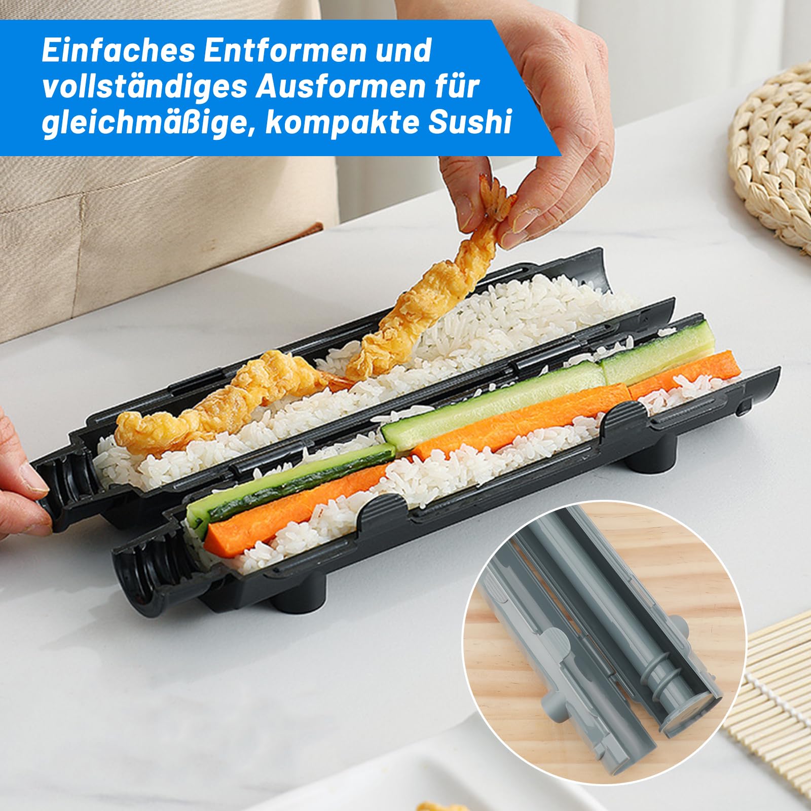 Zestaw 2 szt., szare sushi, bazooka, forma do sushi z matą bambusową, łatwy w obsłudze, zestaw do sushi dla początkujących i profesjonalistów, do samodzielnego wykonania sushi