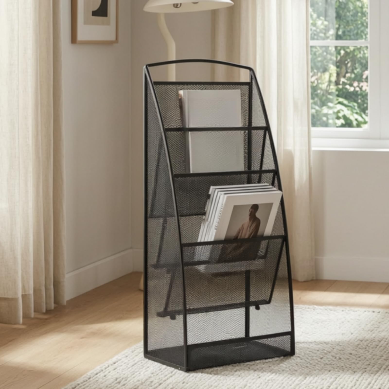 Porta Riviste in Metallo Scaffale Verticale Organizzatore Ufficio Espositore Brochure Maglia Forata a Sovrapposte per Ordine Adatto per Studi, Nero