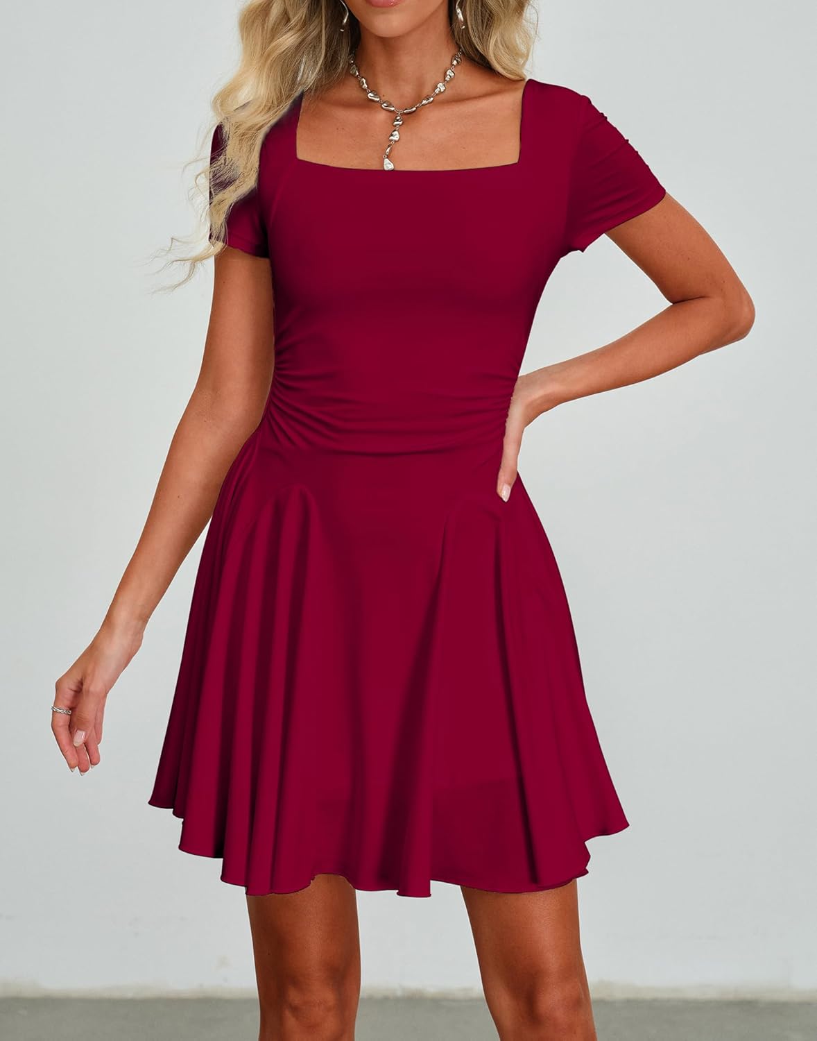 HYPERFIRE Women's Square Neck Flowy Dress Short Sleeve Ruched A Line Mini Short Dresses Party Going Out - Image 7