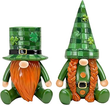 St. Patrick s Day Decor 2-Piece Irish Gnome Figurines with Green Grid Hats