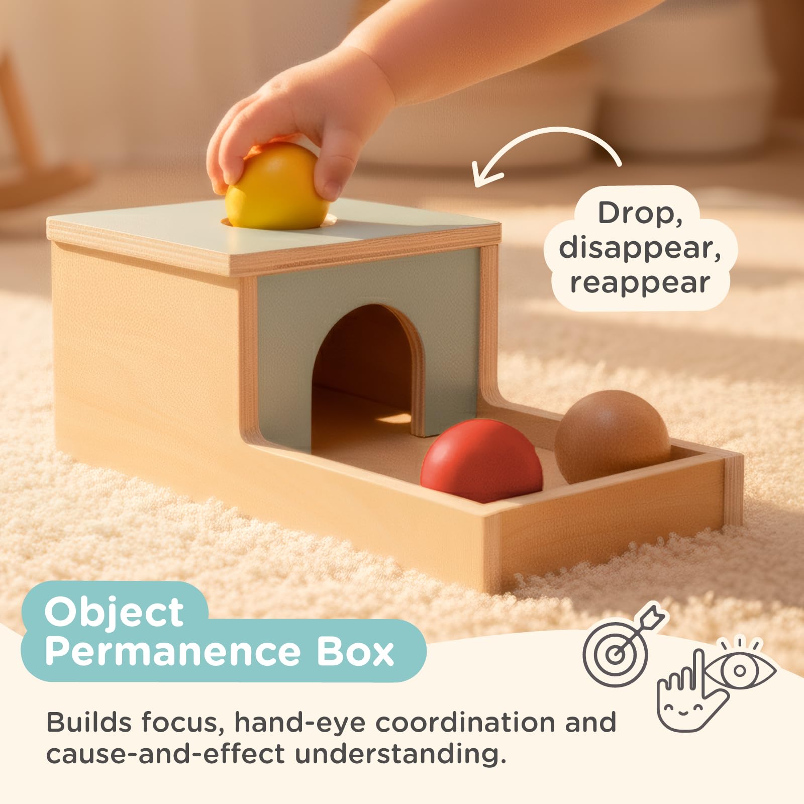Nene Toys Zabawki Montessori dla Niemowląt 6–12 Mies. – Drewniany Zestaw Sensoryczny: Skrzynka Permanencji, Wieża Silikonowa, Puzzle z Lustrem, Książeczka, Gryzak, Grzechotka i 8 Bloków