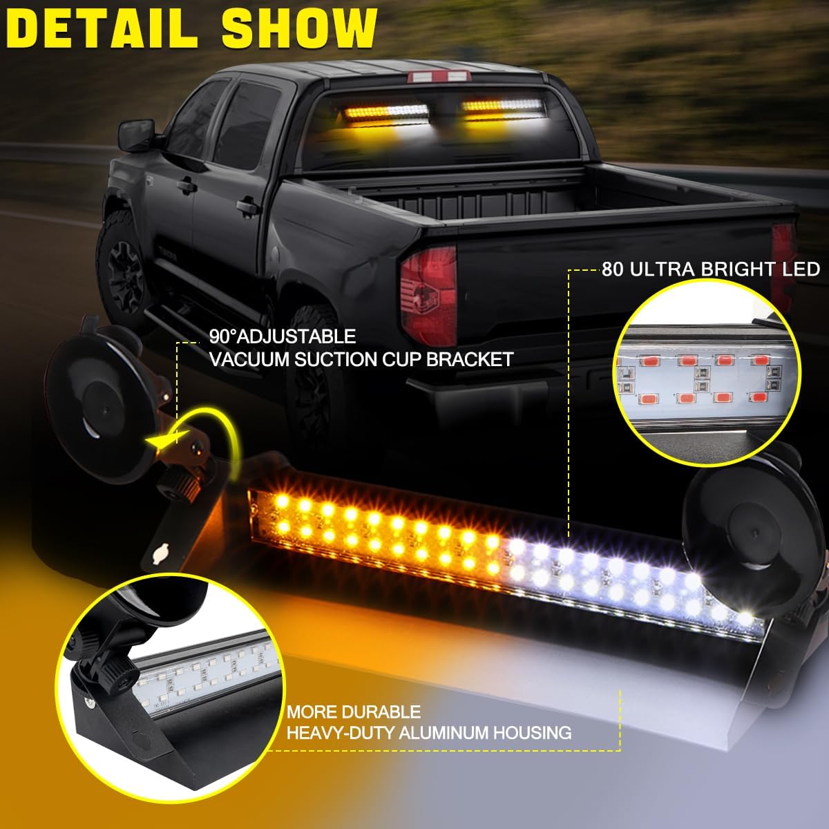 Emergency Dash Strobe Lights for Trucks 80 LED Warning Hazard Flashing Light Bar Visor Interior Windshield Traffic Safety Lights for Construction Vehicles(2x14 inch, Amber/White)