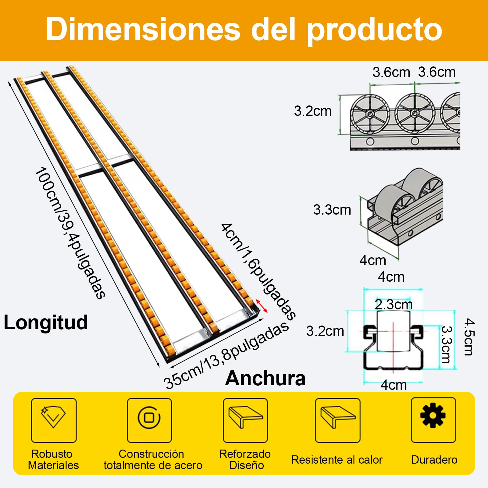 HJZALMI Transportador de rodillos por gravedad, amarillo, 35x100cm | con rodillos de plástico ABS y estructura de acero inoxidable, ideal para talleres, almacenes y manipulación de mercancías