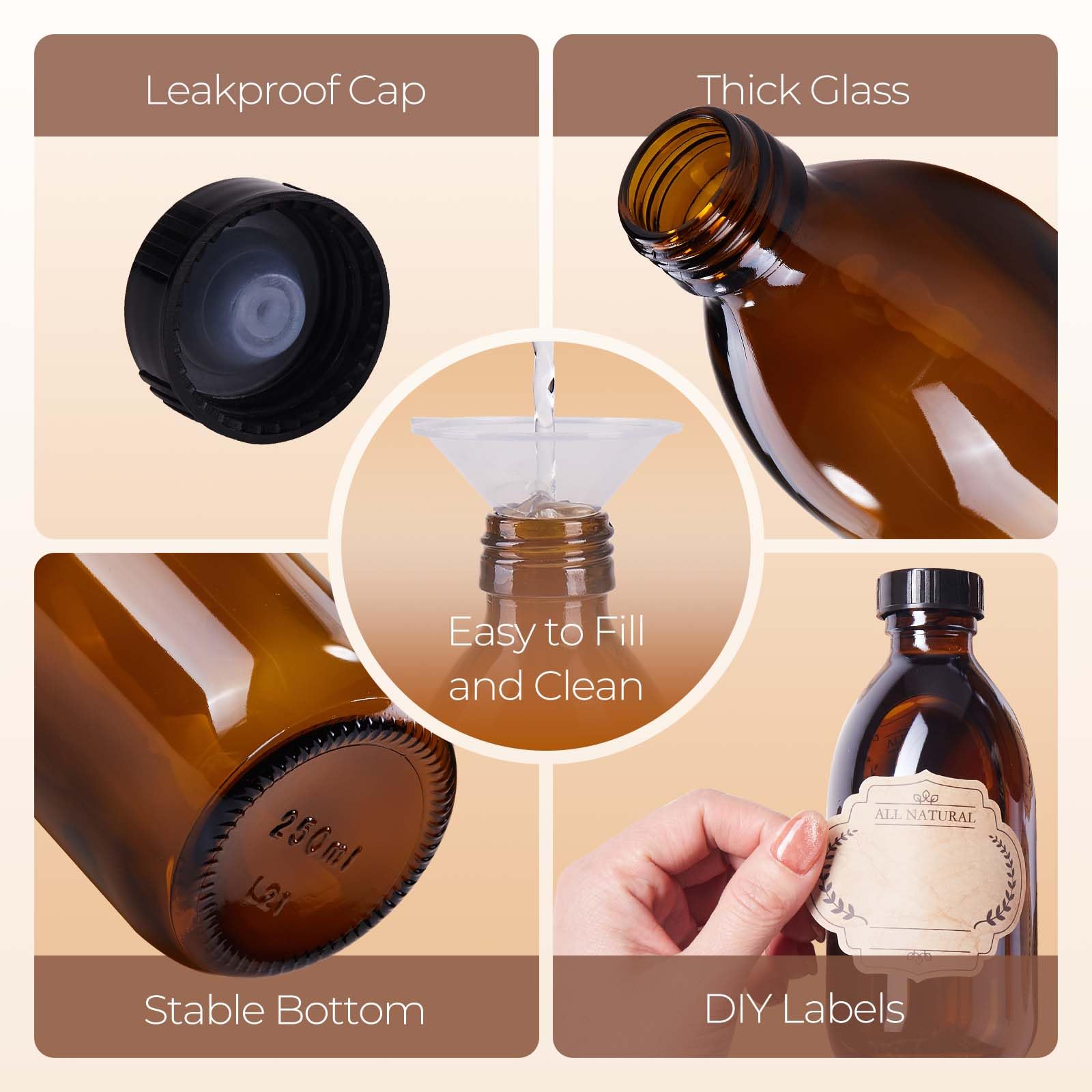 Botella de vidrio ámbar de 8 onzas con tapas, paquete de 3 recipientes redondos vacíos marrones a prueba de fugas, botellas dispensadoras de muestras recargables para extracto de vainilla casero,