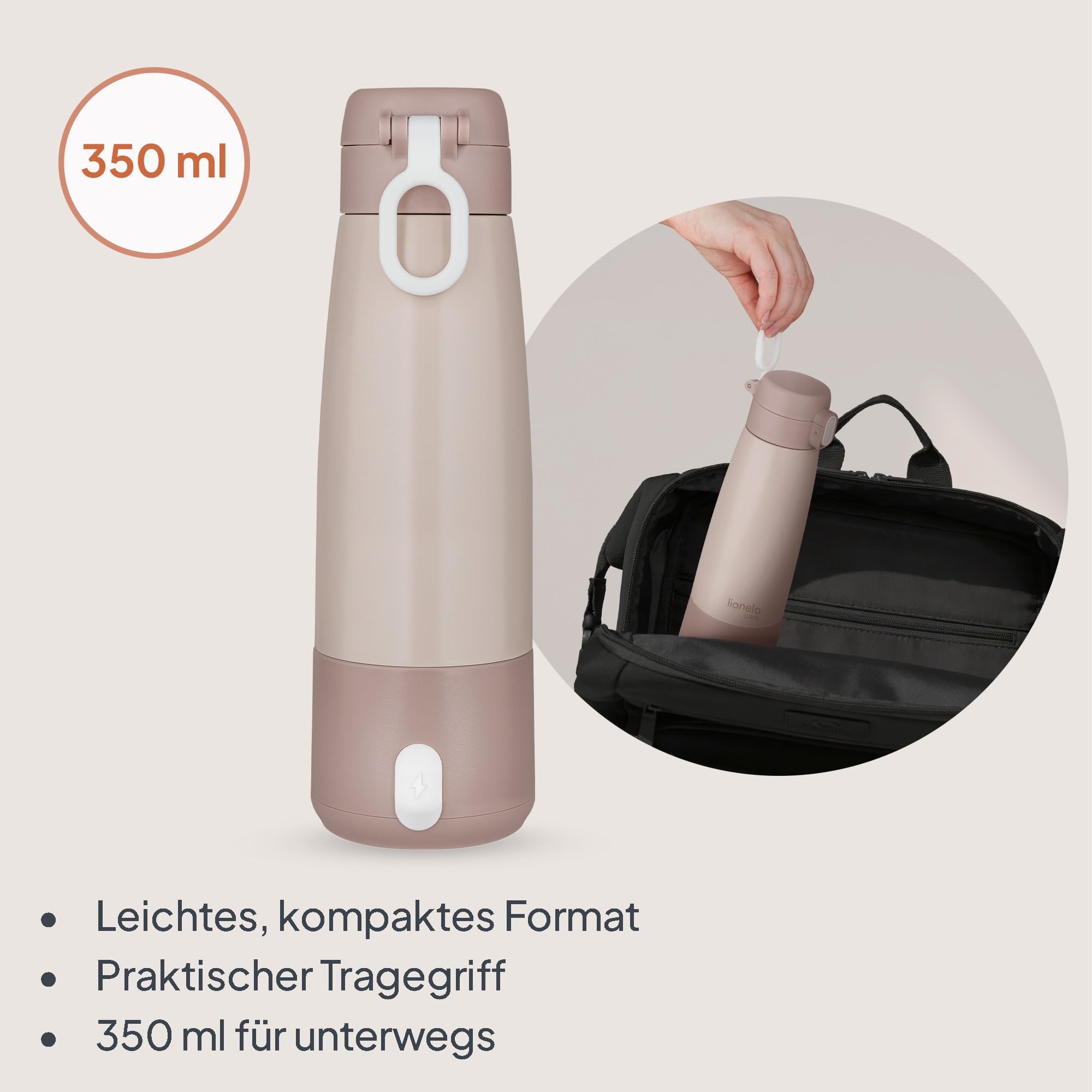 Lionelo Thermup Bottle tragbarer Babyflaschenwärmer für unterwegs, kabellos, Thermosflasche mit Heizfunktion, erwärmt Milch oder Wasser in 3,5 Min., 37–55 °C, Warmhalten bis 20 h, Edelstahl SUS316