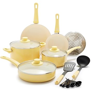 GreenLife Soft Grip Healthy Ceramic Nonstick, Cookware Pots and Pans Set, 12 Piece, Yellow