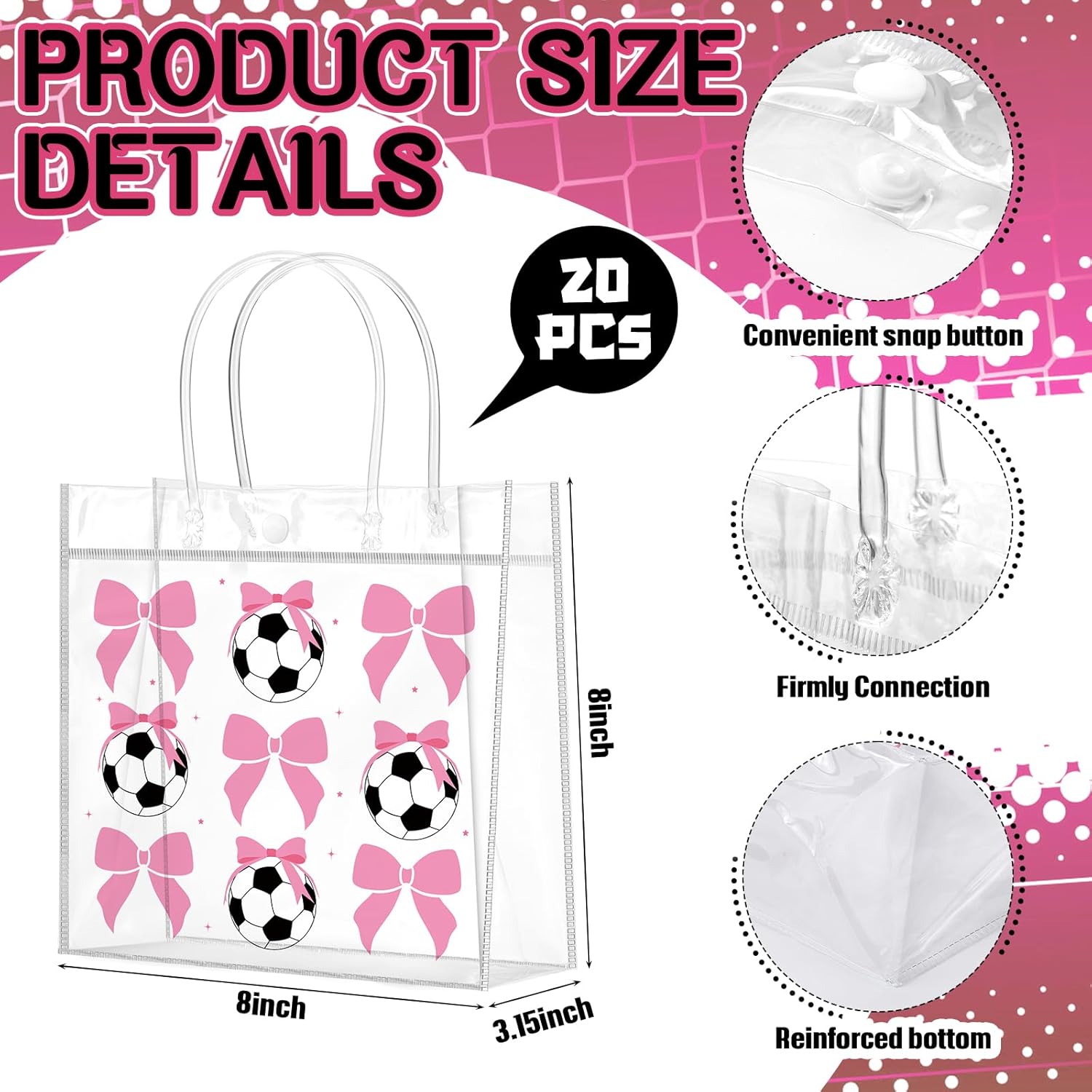 Wesnoy 20 Pcs Pink Bow Soccer Party Favor Soccer Goodie Gifts Bags with Handles Reusable Sport Themed Treat Bags for Candy Birthday Party Supplies 8 x 8 x 3.15'' - Image 2