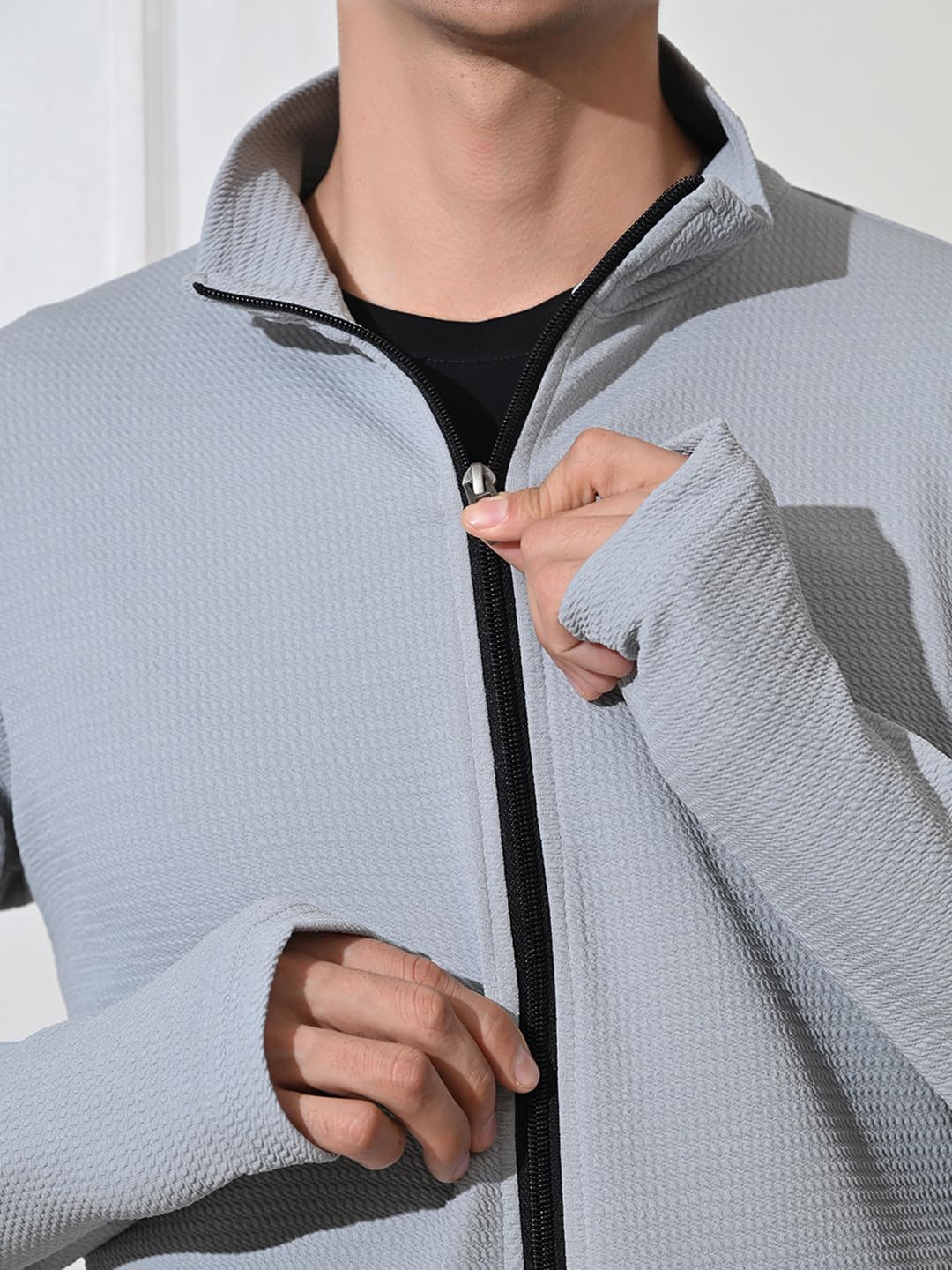 FITINC Sunscreen Jacket with Thumb Hole & Coolrush Technology - Polyester Jacket for Men, Light Grey, Large