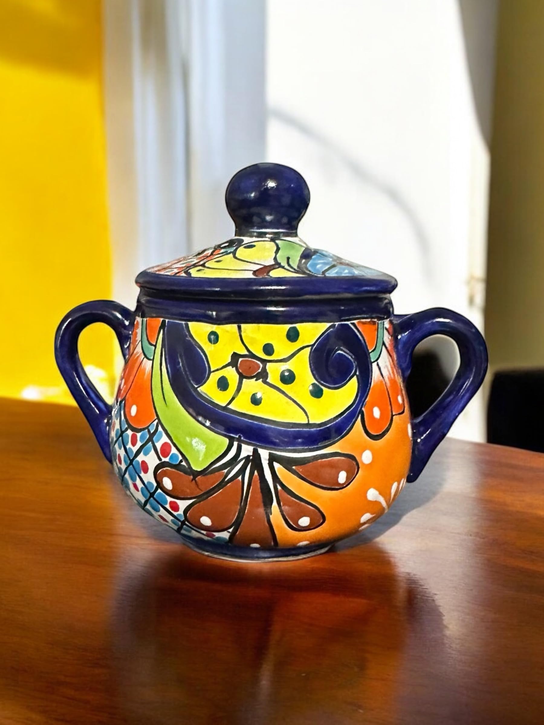 Handmade Colorful Talavera Sugar Jar with Handles | Vibrant Multicolor Ceramic Jar with Lid
