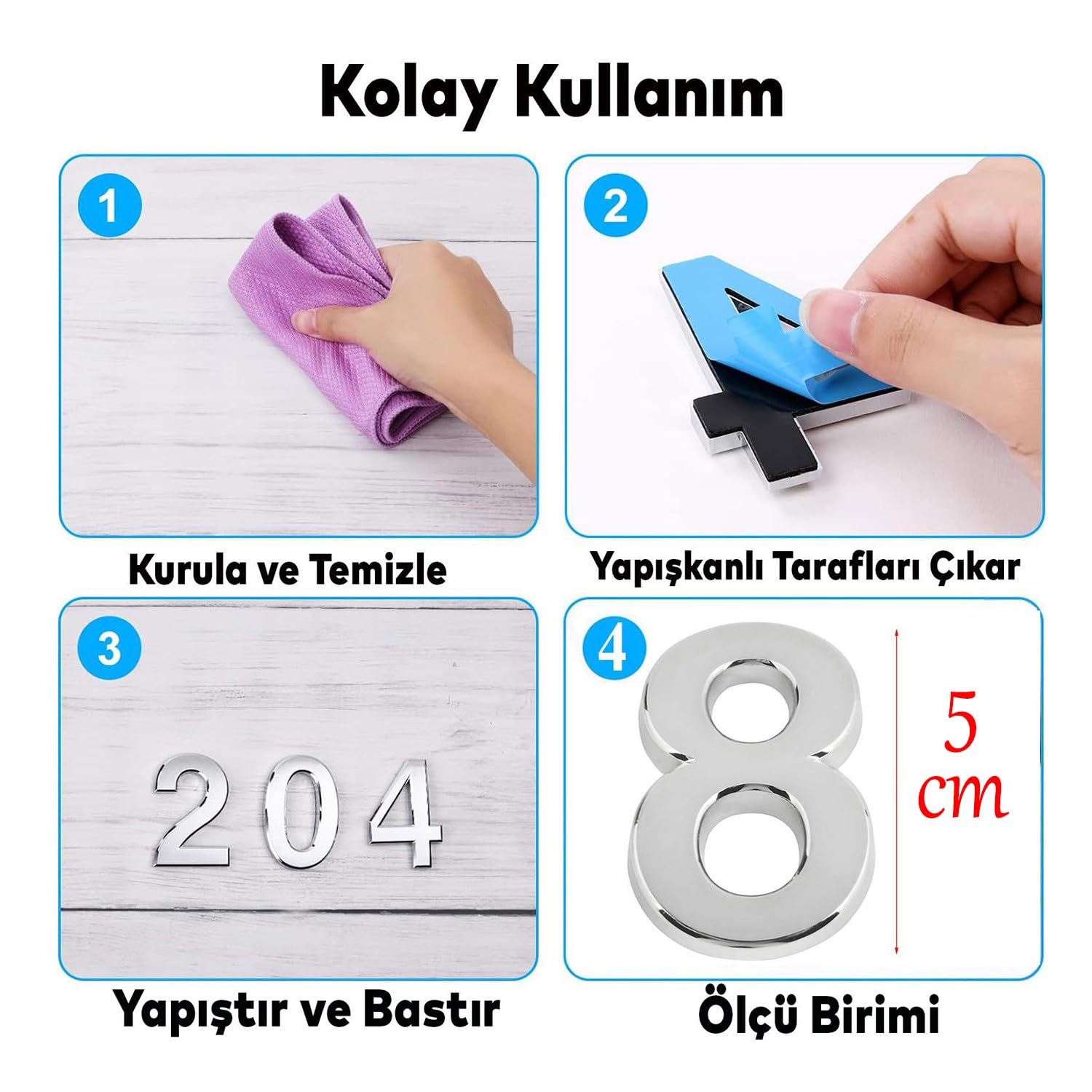 Yapışkanlı Kapı Numarası Küçük Boy 50 mm 5 cm Numara 8 Rakam Sekiz Sayı Krom Renk Numaralar 1 Adet