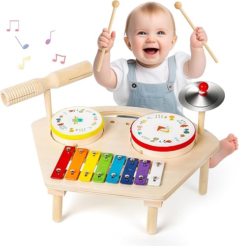 Juego de batería para niños pequeños de 1 a 3 años, juguetes musicales preescolares 7 en 1, juego de instrumentos Montessori, juguete musical de