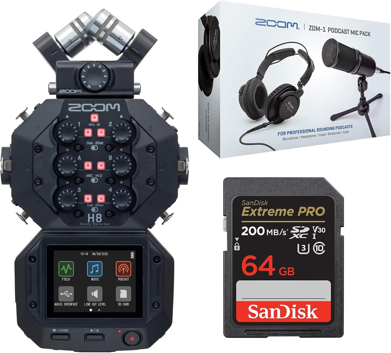 Zoom H8 8-Input / 12-Track Portable Handy Recorder Bundle with ZDM-1 Podcast Microphone Pack Accessory and 64GB Memory Card (3 Items)