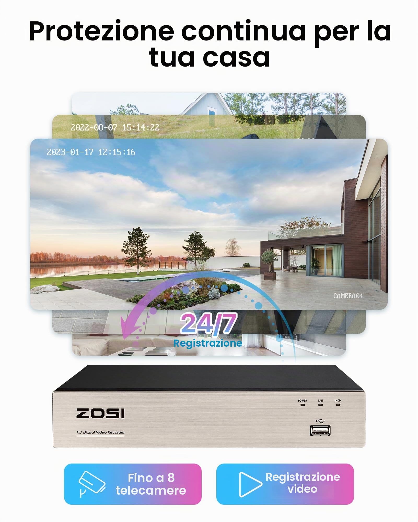 ZOSI 1080p Kit di Telecamera di sorveglianza, 8CH H.265+ 1 TB DVR con 4x Telecamere Esterna, IR Visione Notturna 80ft, Rilevamento di Movimento, Registrazione 24/7, Bianco