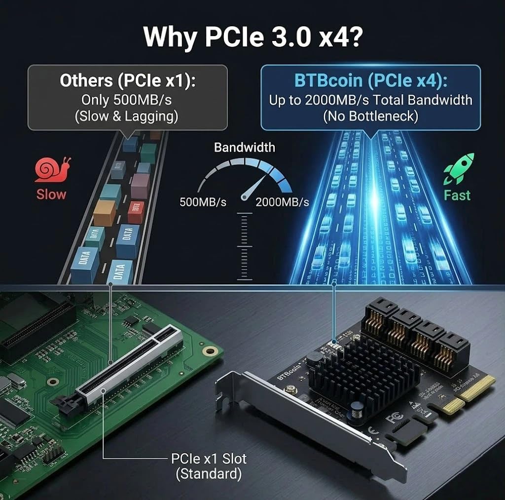 PCIe x4 na 6-portowa karta kontrolera SATA 3.0 do komputera Unraid | PCIe 3.0 x4 6-portowa karta SATA (ASM1166) dla Unraid/TrueNAS. Rozszerzenie pamięci masowej bez RAID 2 GB/s.