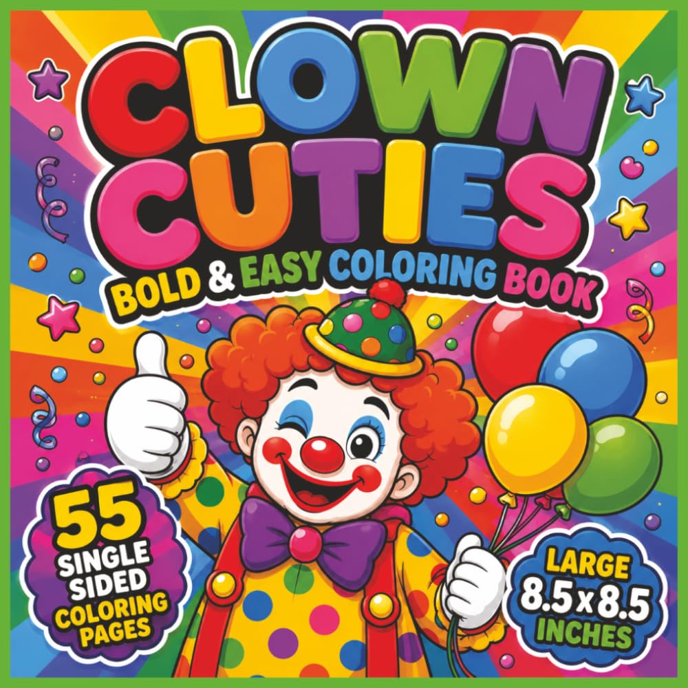 Clown Cuties Bold and Easy Coloring Book: Fun, Silly, and Adorable Clown-Themed Designs for Kids, Teens, and Adults — A Whimsical Bold and Easy ... Playful Scenes, and 55 Single-Sided Coloring.