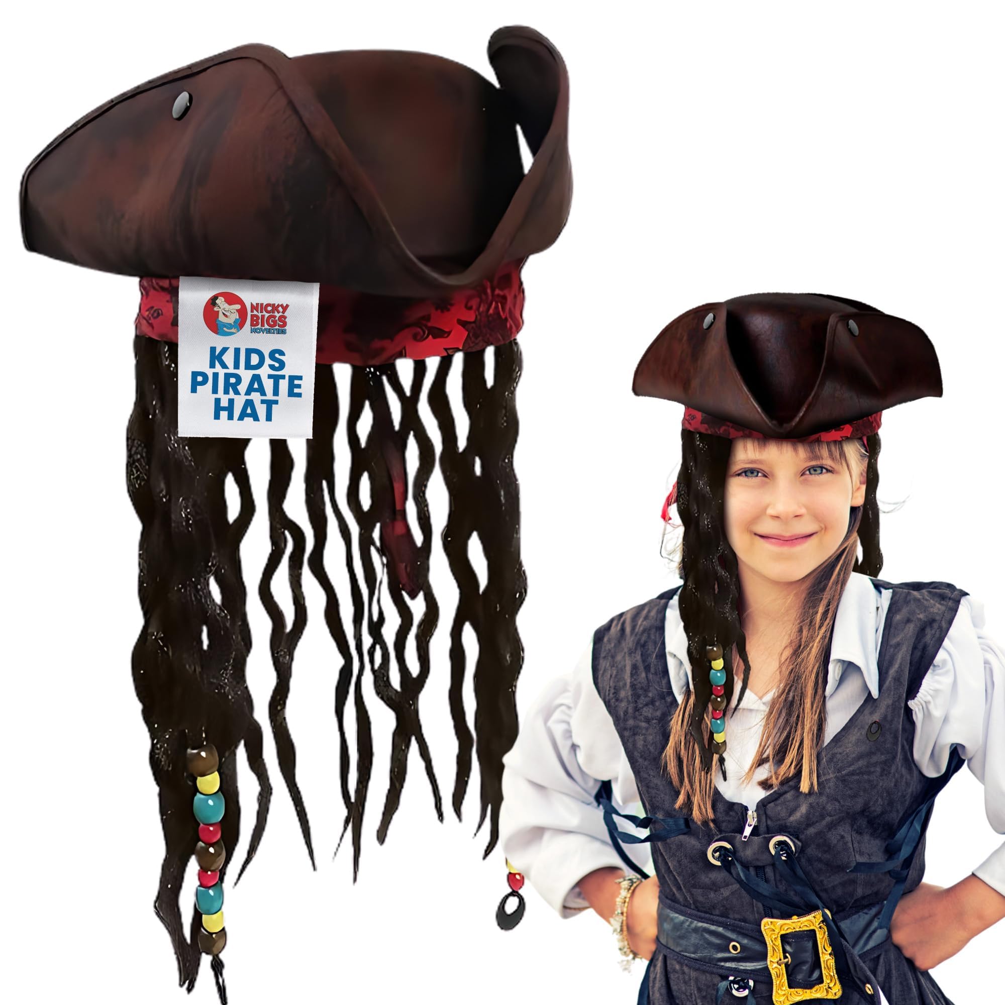 Nicky Bigs Novelties Child Buccaneer Caribbean Tricorn Pirate Hat Dreadlocks Hair Costume Cap Brown, Brown, One size