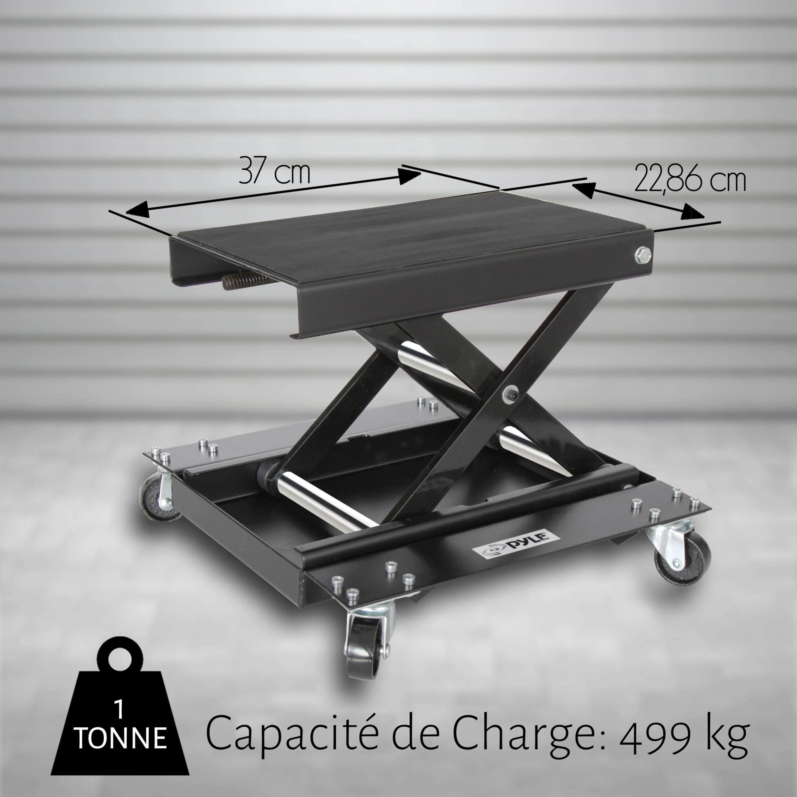 Pyle Cric Moto à Ciseaux 500 kg avec Dolly – Lève Moto Pliable en Acier Renforcé, Plateau Antidérapant, 4 roulettes, Finition Noire – pour Garage et Atelier