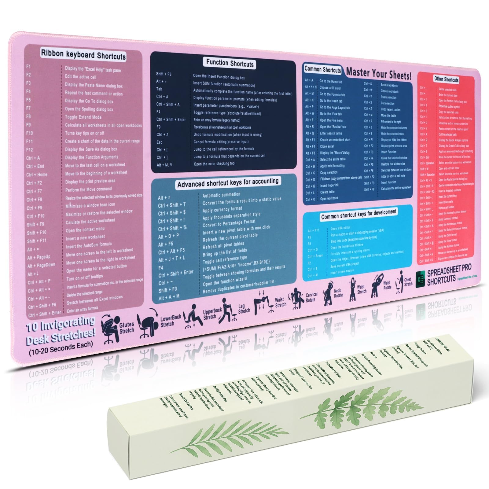 Excel, Tappetino per mouse, XXL, antiscivolo, con scorciatoie, grande tappetino per mouse da gioco, per ufficio e casa, colore: rosa cipria