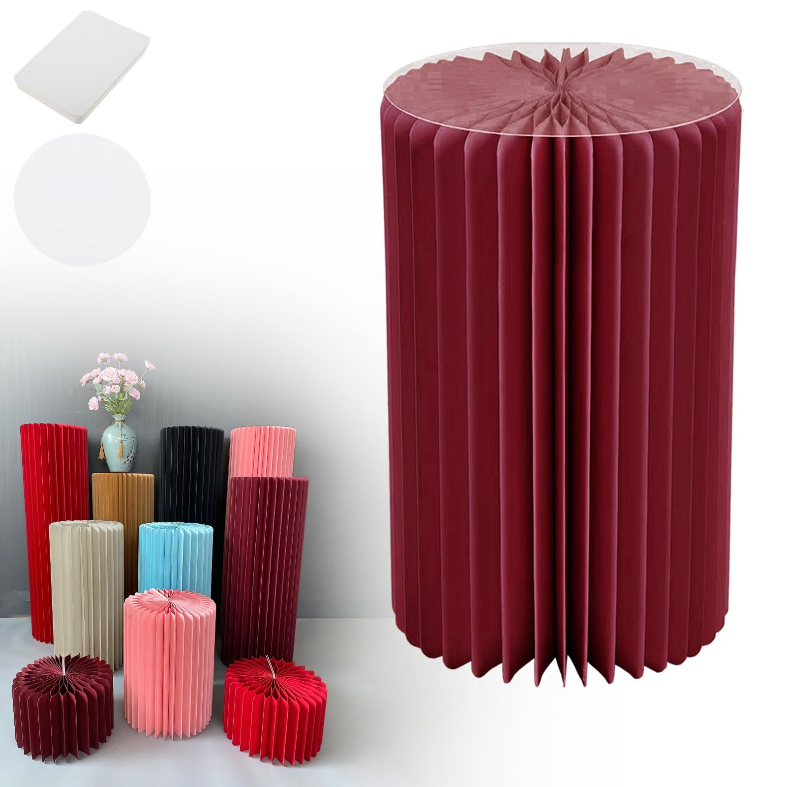 YTBHSHXZ plinth， Foldable Cardboard Cylinder Pedestal Stand With Transparent Plate Multicolor 20-100cm(Wine Red,H 60cm)