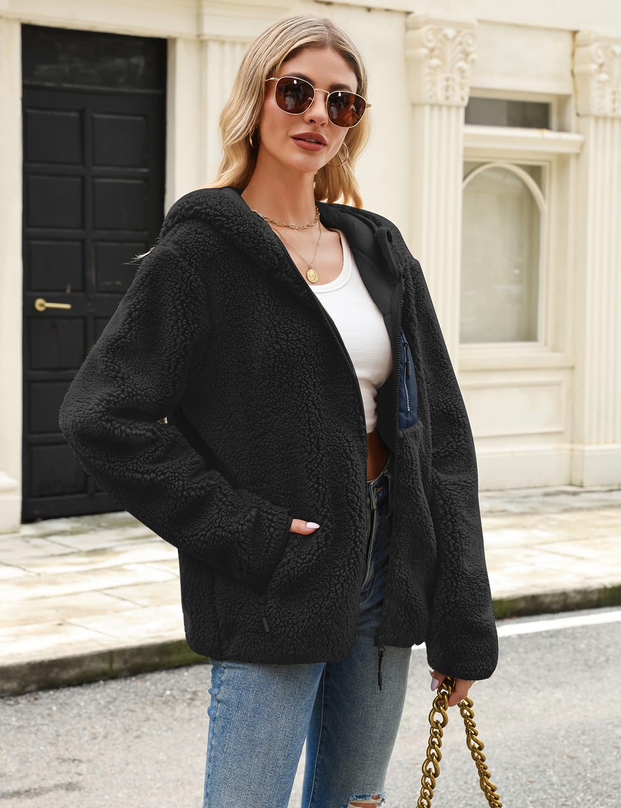 Fleecejacke Damen Winter Teddyjacke mit Kapuze Teddyfleece Kapuzenpullover Warme Herbstjacke Winterjacke Sherpa Damen-Jacken Zipper Hoodie Mantel Outdoor Plüschjacke mit Taschen