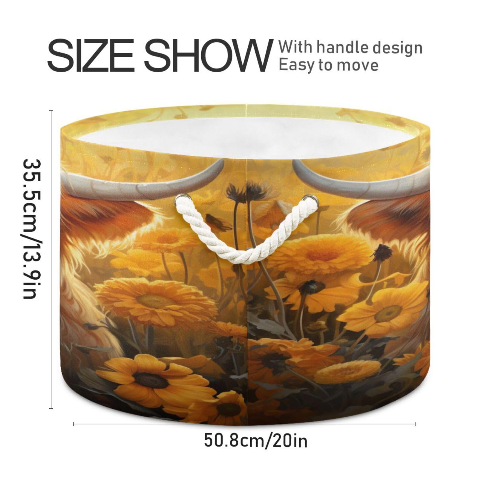 Round Cute Brown Highland Cow Yak Sunflower Storage Basket Large Organizer Bin Laundry Hamper Toy Storage Basket with Handle for Nursery Clothes Toys 202b4845