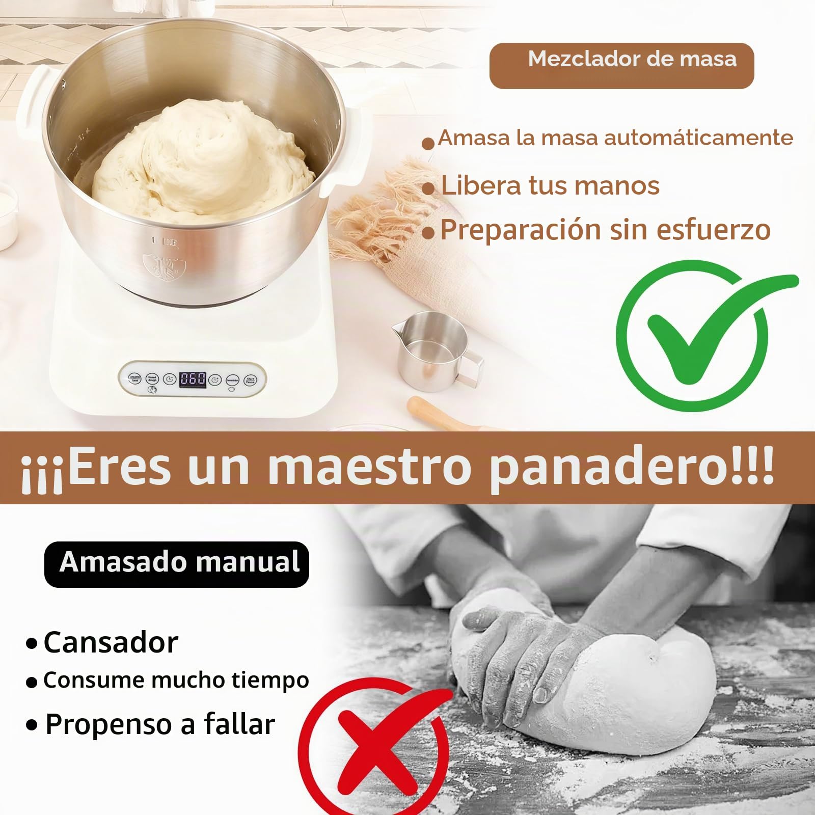 Amasadora de pasta de acero inoxidable, 7 l, gran volumen, con función de fermentación termostática (25 – 38 °C), amasadora automática con cuchilla de corte para cocinar en casa