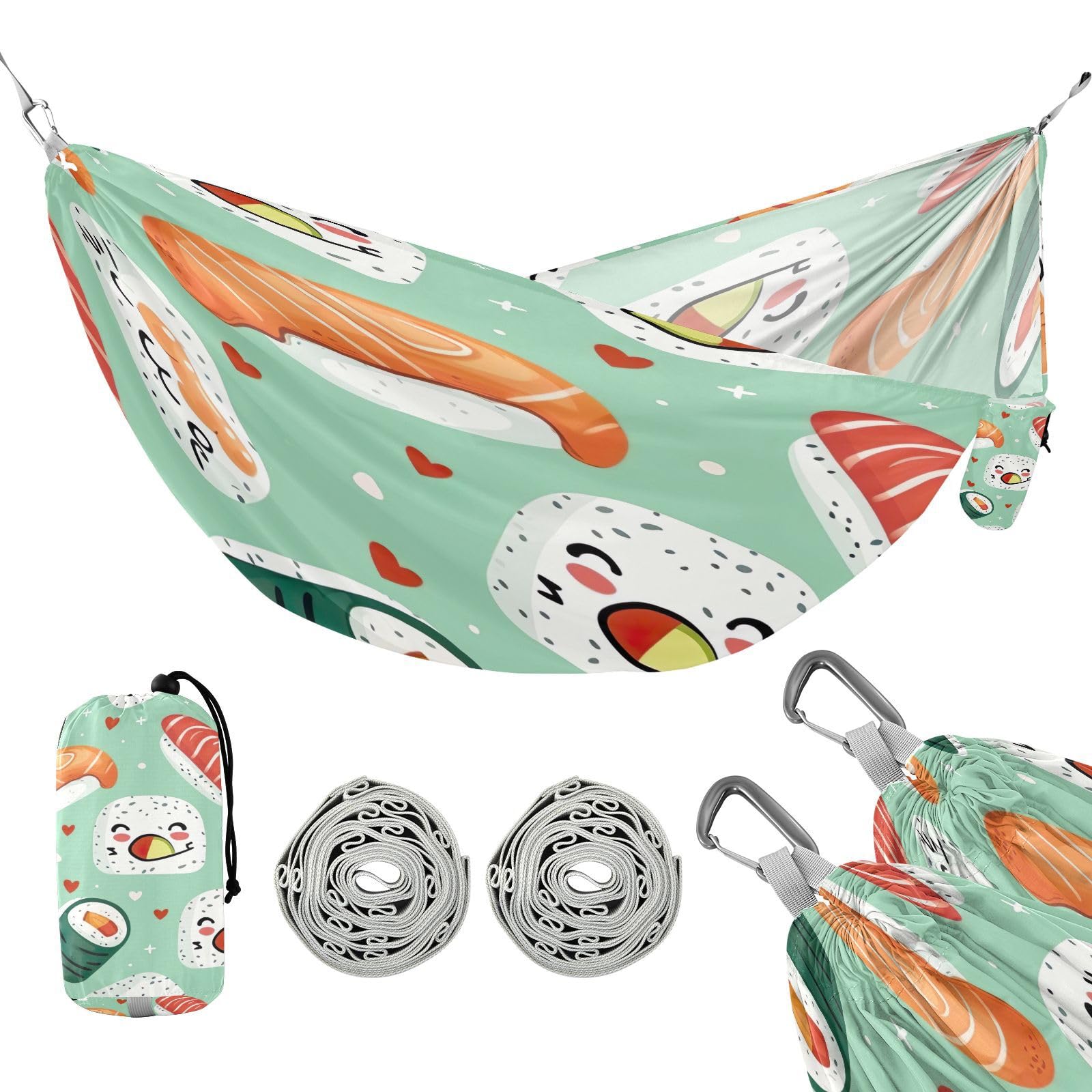 ATTX Sushi Kawaii Pattern Camping Hammock - Lightweight & Portable Hammocks, Heavy Duty 330lbs Capacity for Indoor, Hiking, Backpacking, Travel, Backyard, Beach#487