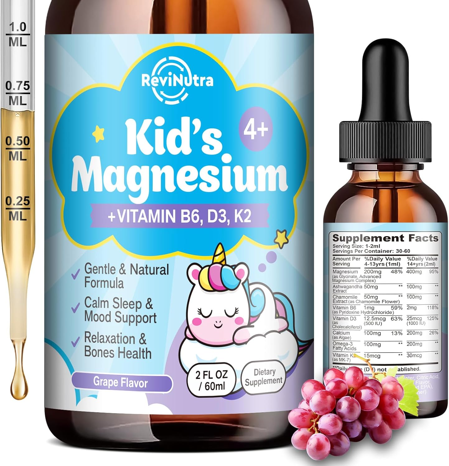Kids Magnesium Glycinate Liquid Drops with Omega-3, Ashwagandha, Vitamin B6, D3, K2, Calcium & Chamomile - Magnesium Drops for Kids Sleep, Calm, Focus, Brain & Mood - Grape Flavor
