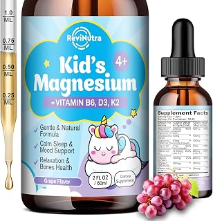 Kids Magnesium Glycinate Liquid Drops with Omega-3, Ashwagandha, Vitamin B6, D3, K2, Calcium & Chamomile - Magnesium Drops for Kids Sleep, Calm, Focus, Brain & Mood - Grape Flavor