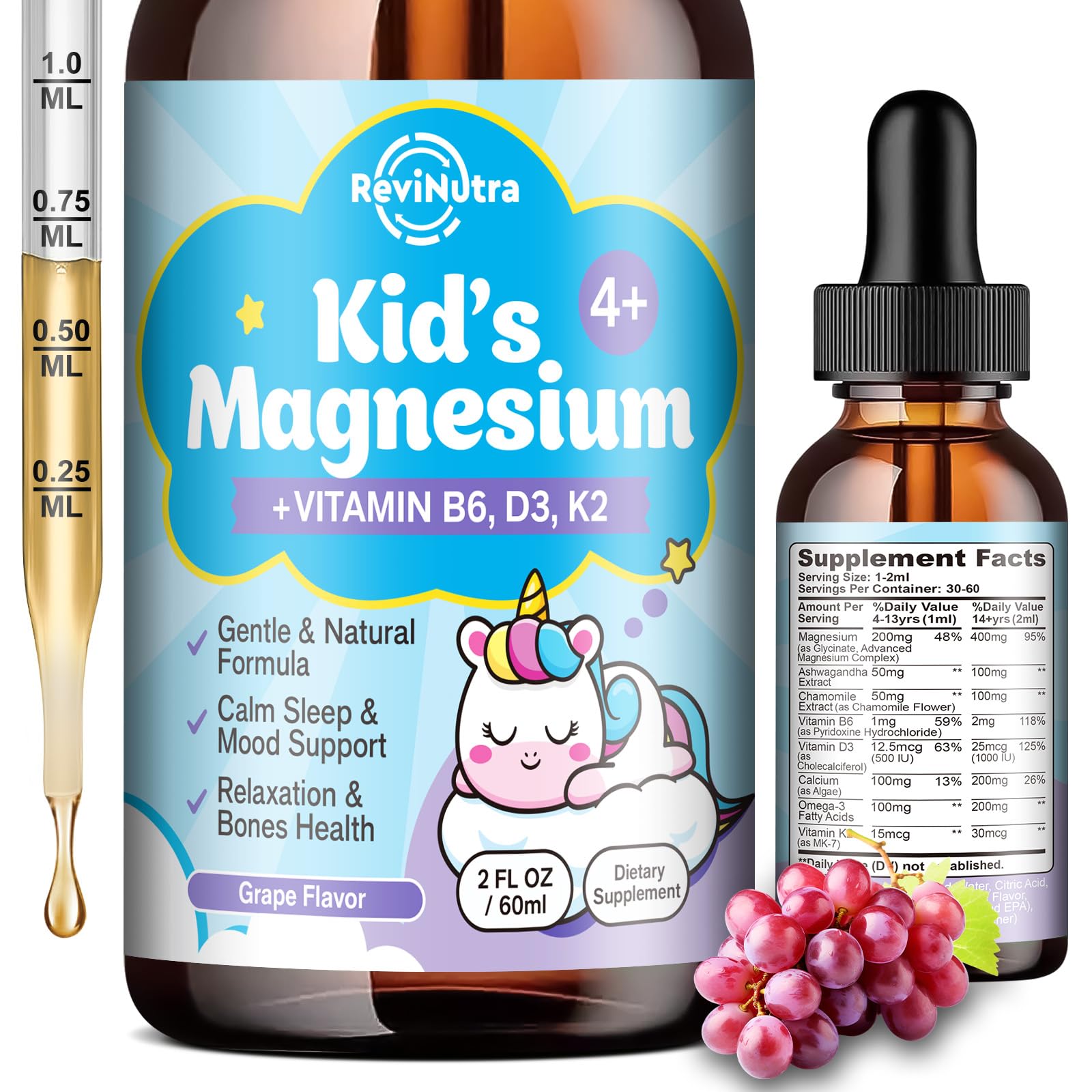 Kids Magnesium Glycinate Liquid Drops with Omega-3, Ashwagandha, Vitamin B6, D3, K2, Calcium &amp; Chamomile - Magnesium Drops for Kids Sleep, Calm, Focus, Brain &amp; Mood - Grape Flavor