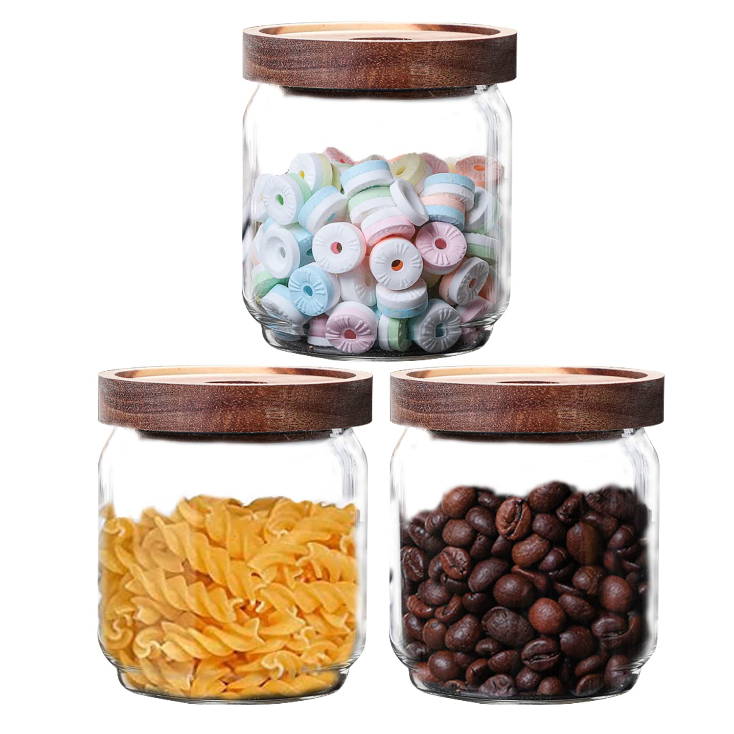TAPIT Glass Storage Jars with Acacia Wood Lids -Set of 3 Transparent Borosilicate Airtight Glass Container, Stackable Perfect for Storing Kitchen Food, Grains, Coffee Beans, Tea (3pcs,500ml)