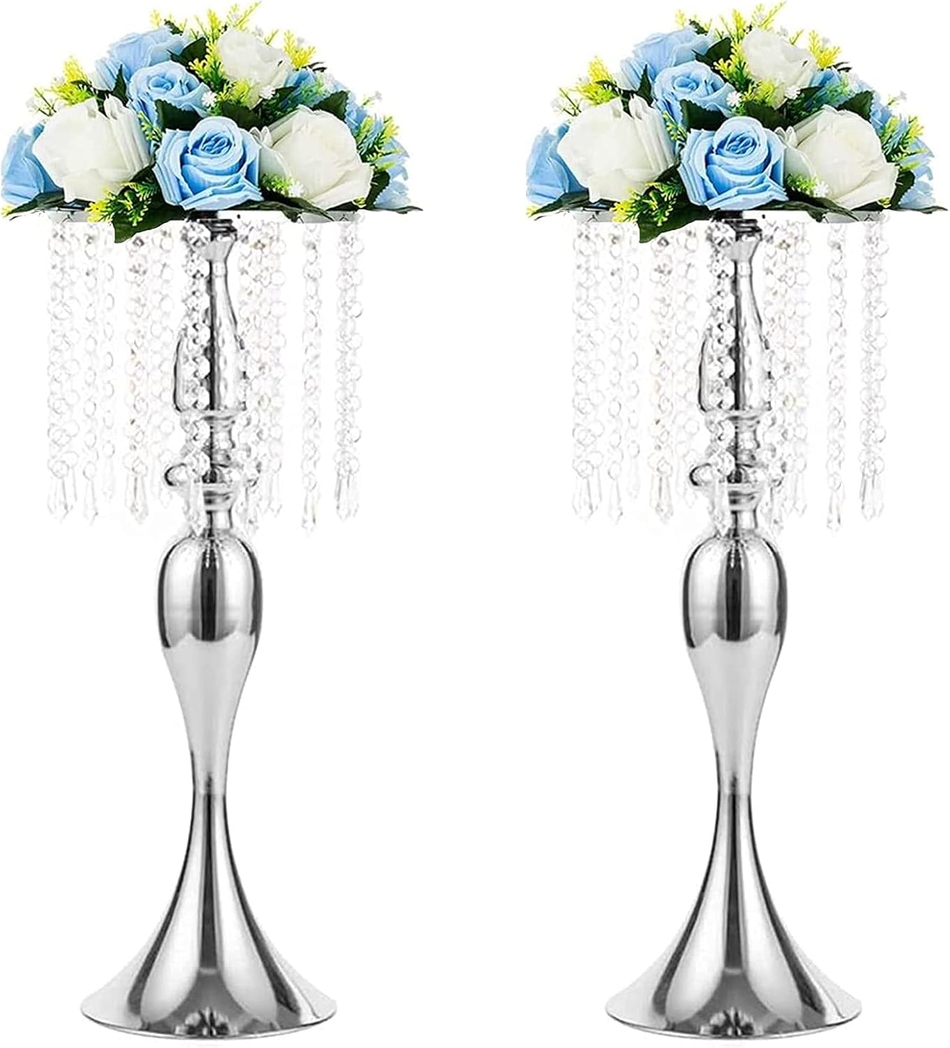 Sziqiqi Floral Centerpiece Riser Silver Tall Flower Centerpiece Stand with Crystal Beads for Event Party Wedding Reception Center Piece Floral Arrangements, Pack of 2 Silver 21.3inch
