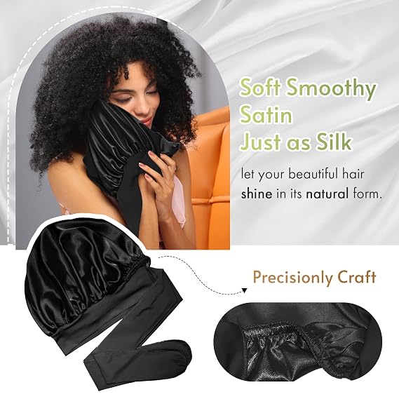 BONNET QUEEN Reversible Silk Satin Sleeping Bonnet Double Layer Adjustable Bonnets Curly Braids Wig Natural Hair Wrap Night Hat Cap Band Shower M Black