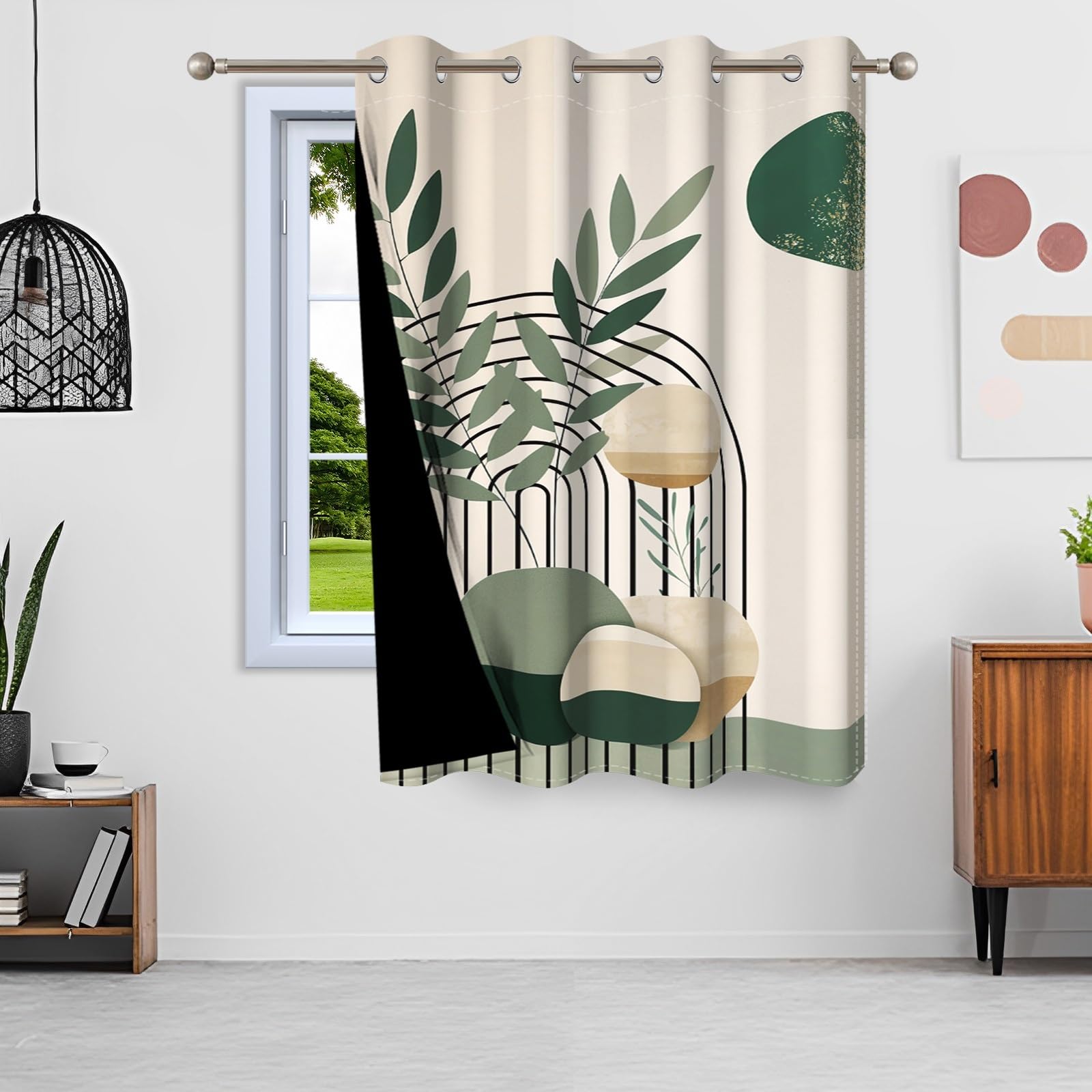 ggaimwf 42"x 63" Abstract Leaf Eyelet Curtain Green Plant Modern Minimalist Boho Geometric Pattern Thermal Grommet Blackout Window Drapes for Bedroom Living Room Dining Room,1-Single Panel - Image 3