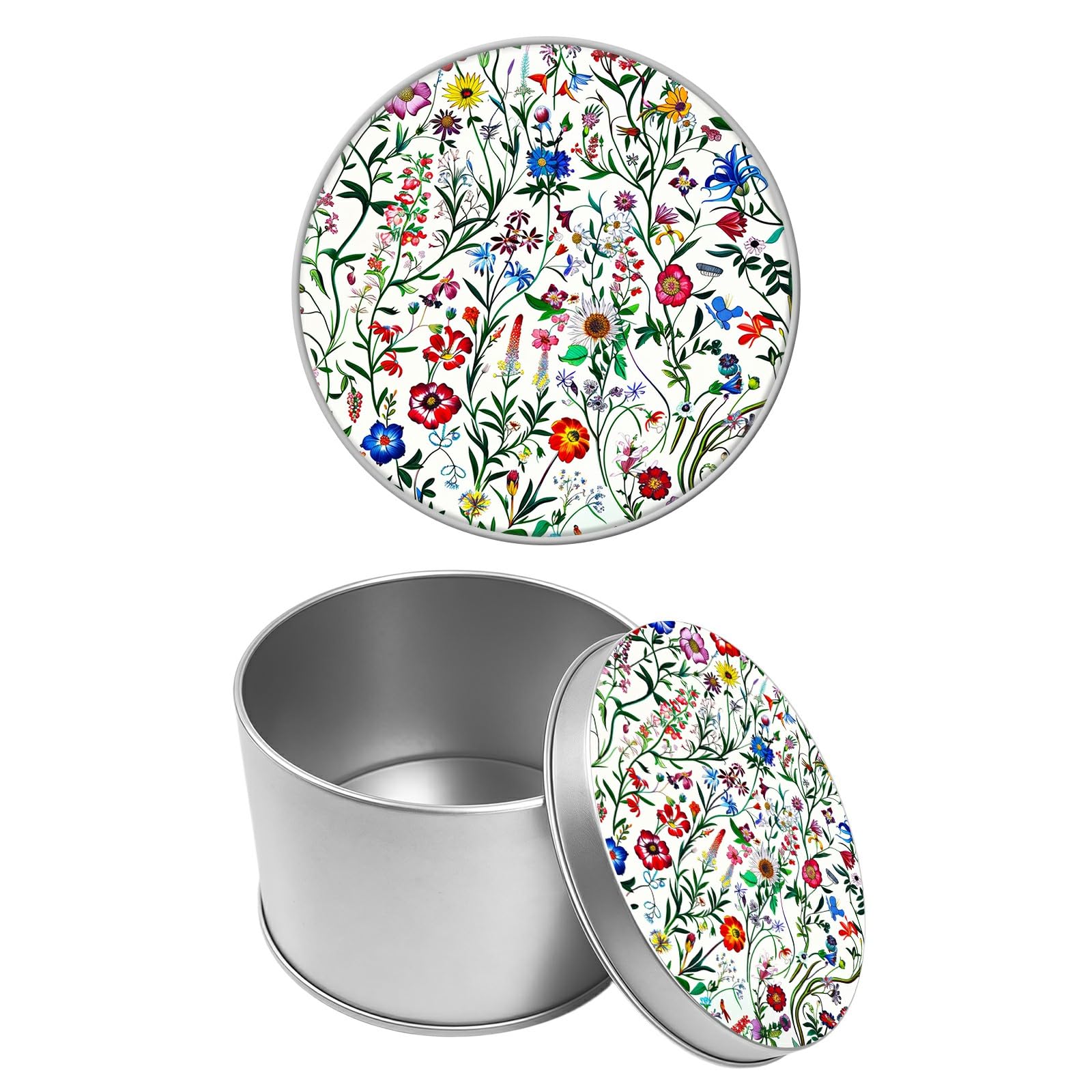 Round Metal Tin Container with Removable Lid, Color Wild Flowers Durable Metal Storage Box for Cookies Spices Tea Candies Cakes Jewelry Cosmetics 3.54 x 2.36 inch– Single Pack